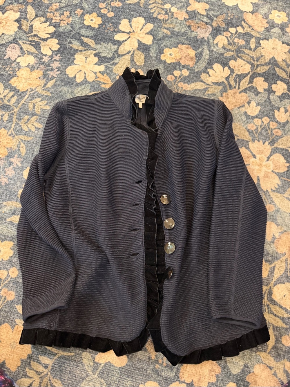 Armani Collezioni women’s Navy Knit Jacket with Velvet Ruffle Trim 14